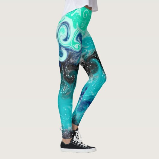 Blauw, Blauwgroen en zwart opgeruimd tekenmarmer Leggings (Rechts)
