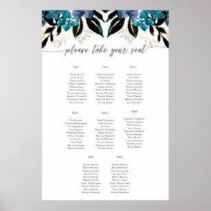 Blauw blauwgroen Floral Wedding border Poster