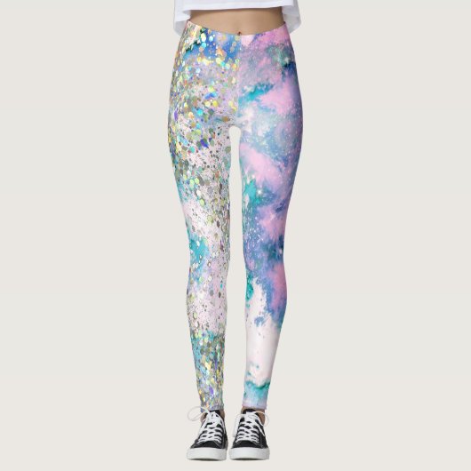 Blauw Blauwgroen galaxy Holographic Glitter Elegan Leggings (Voorkant)