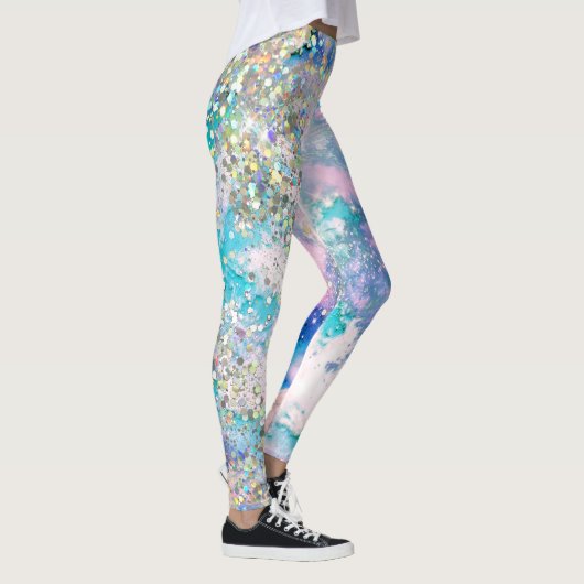 Blauw Blauwgroen galaxy Holographic Glitter Elegan Leggings (Rechts)