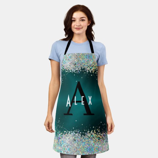 Blauw Blauwgroen Glitter Monogram Jouw naam toevoe Schort (Gedragen)