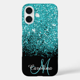 Blauw, Blauwgroen, Glitter, Naam en Monogram, Meis iPhone 16 Hoesje