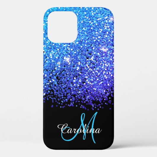 Blauw, Blauwgroen, Glitter, Naam en Monogram, Meis Case-Mate iPhone Case (Achterkant)