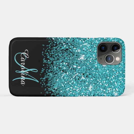 Blauw, Blauwgroen, Glitter, Naam en Monogram, Meis Case-Mate iPhone Case (Achterkant (horizontaal))