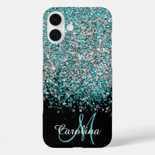 Blauw, Blauwgroen, Glitter, Naam en Monogram, Meis iPhone 16 Plus Hoesje