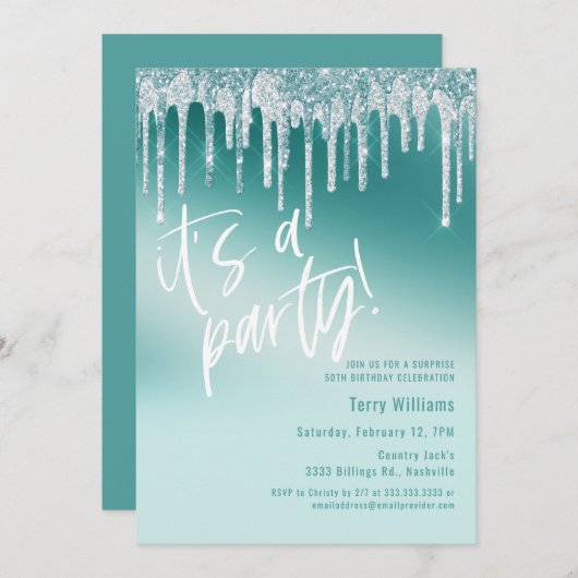 Blauw Blauwgroen Glitter Verrassing 50ste Verjaard Kaart (Voorkant / Achterkant)