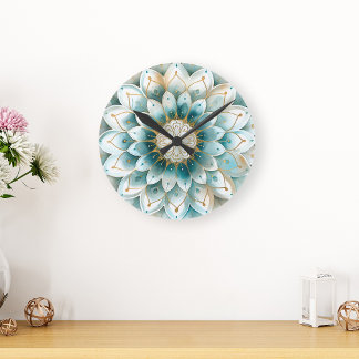 Blauw Blauwgroen Goud Bloemen Mandala Ronde Klok