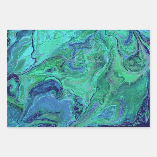 Blauw Blauwgroen Groen Modern Fluid Art Inpakpapier Vel (Voorkant)