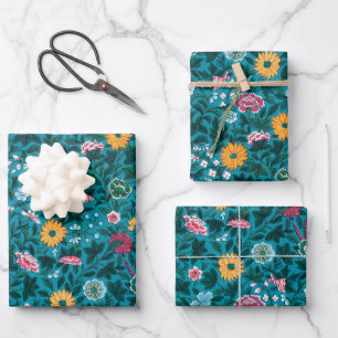 Blauw Blauwgroen groen rood roze geel bloemenpatro Inpakpapier Vel