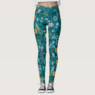 Blauw Blauwgroen groen rood roze geel bloemenpatro Leggings