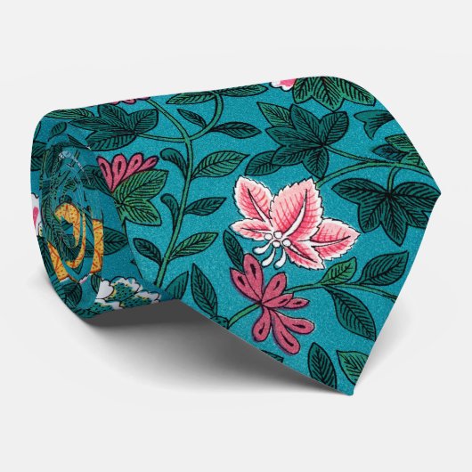 Blauw Blauwgroen groen rood roze geel bloemenpatro Stropdas (Opgerold)