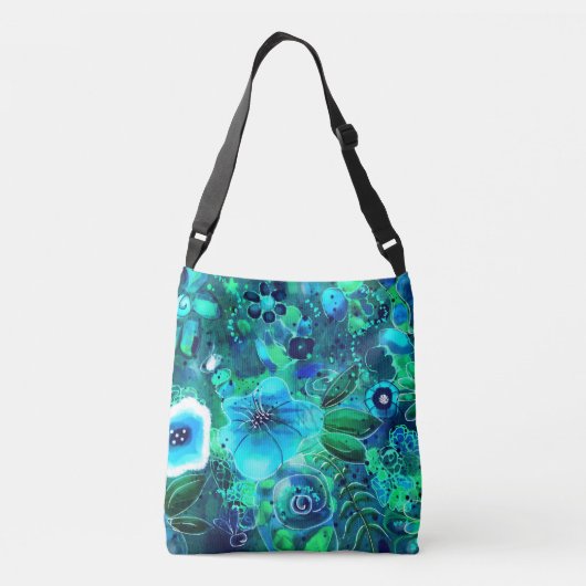 Blauw Blauwgroen Groene Bloemen Abstracte Kunstblo Crossbody Tas (Achterkant)