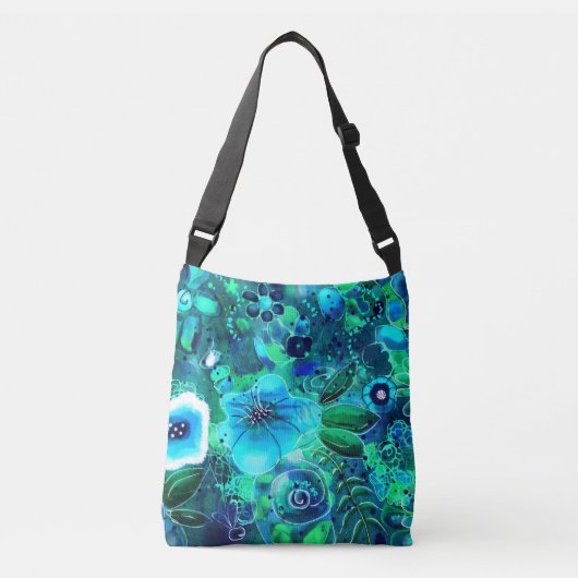 Blauw Blauwgroen Groene Bloemen Abstracte Kunstblo Crossbody Tas (Voorkant)