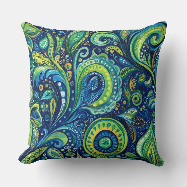 Blauw Blauwgroen limoengroene grillige bloemen Kussen (Voorkant)