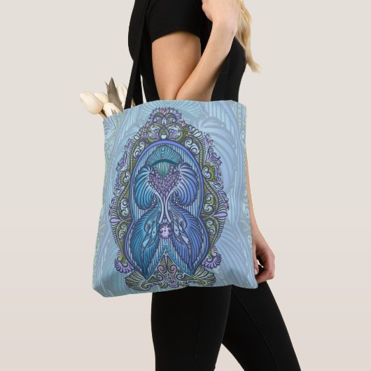  blauw & Blauwgroen Mandala ontwerp Tote Bag (Dichtbij)