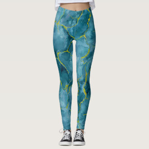 Blauw-Blauwgroen marmer met gouden tegels Leggings