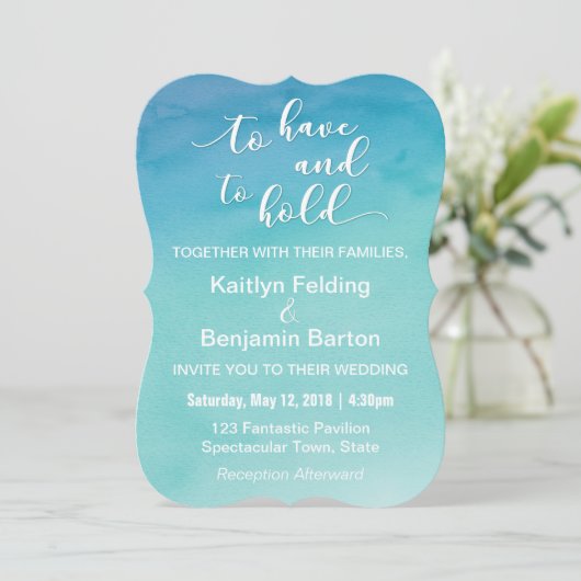 Blauw & Blauwgroen Ombre Waterverf bruiloft uitnod Kaart (Staand voorkant)