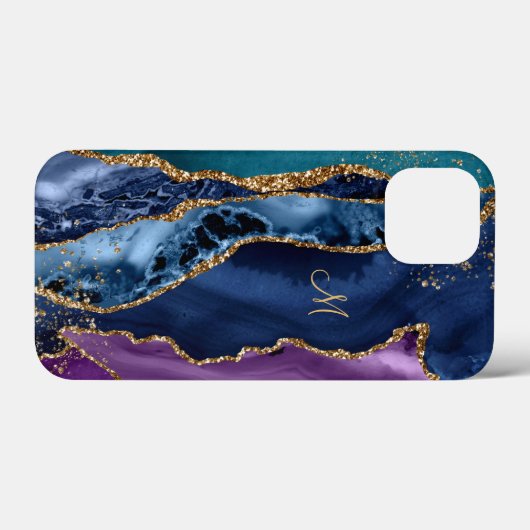 Blauw/Blauwgroen/Paars Agate met Gold Veins Monogr Case-Mate iPhone Case (Achterkant (horizontaal))