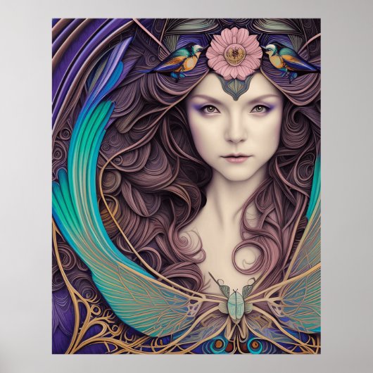 Blauw blauwgroen Poster met prachtige Art Nouveau (Voorkant)