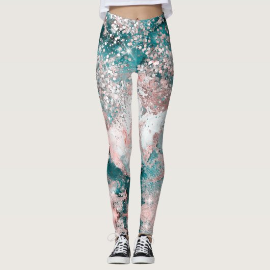 Blauw Blauwgroen Roos Galaxy Glitter Elegant Desig Leggings (Voorkant)