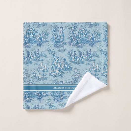 blauw blauwgroen Toile de Jouy bedrukt Bad Handdoek (Wasdoekje)