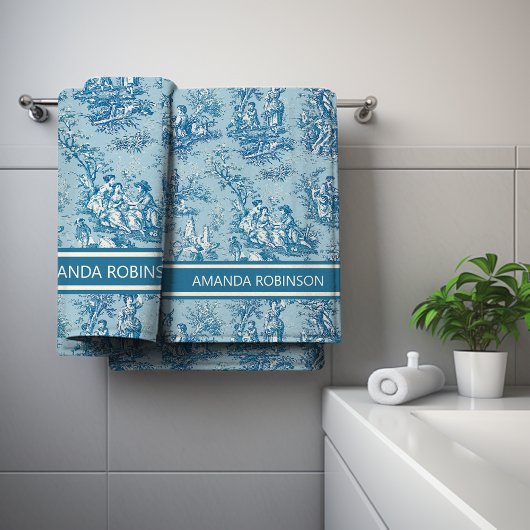 blauw blauwgroen Toile de Jouy bedrukt Bad Handdoek