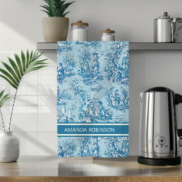  blauw blauwgroen Toile de Jouy bedrukt Theedoek