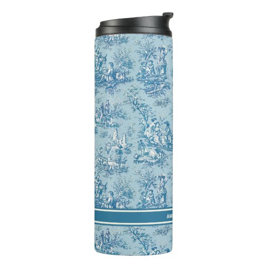 blauw blauwgroen Toile de Jouy bedrukt Thermosbeker (Gedraaid links)