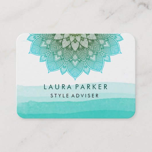 Blauw Blauwgroen Waterverf Lotus Floral Mandala Yo Visitekaartje (Voorkant)