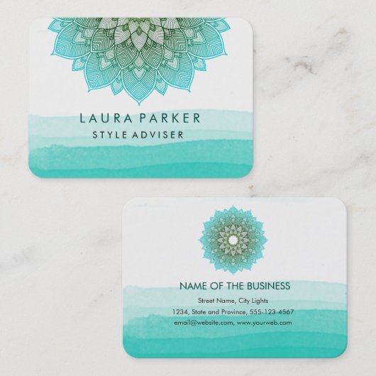 Blauw Blauwgroen Waterverf Lotus Floral Mandala Yo Visitekaartje (Voorkant / Achterkant)