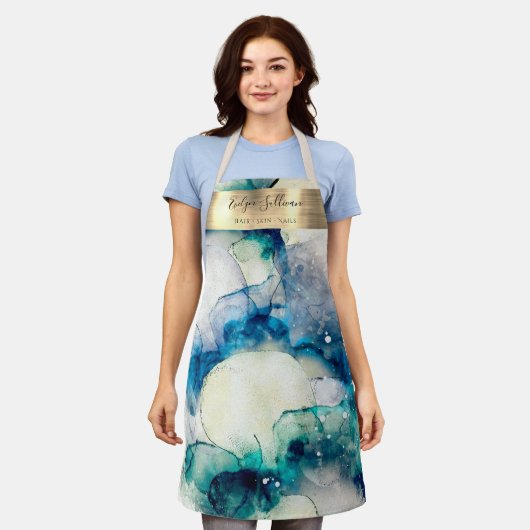 Blauw blauwgroen waterverf — schoonheidsprofession schort (Gedragen)