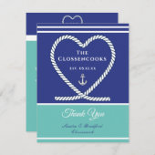 Blauw blauwgroen Wit Nautisch touw Heart Anchor We Bedankkaart (Voorkant / Achterkant)