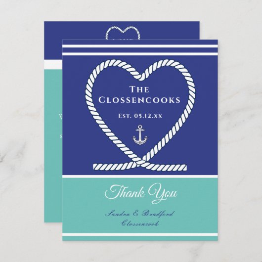 Blauw blauwgroen Wit Nautisch touw Heart Anchor We Bedankkaart (Voorkant / Achterkant)