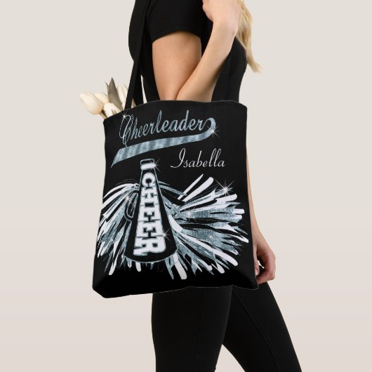 Blauw Blauwgroen, zwart en wit Glitter Cheerleader Tote Bag (Dichtbij)