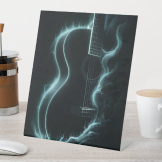 Blauw Bliksem Gitaar Canvas Print – Moderne Muziek Reclamebord Met Voetstuk