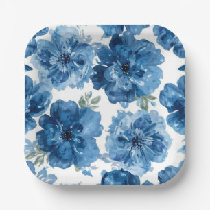 Blauw Bloeiend Waterverf Bloem Botanisch Wit Papieren Bordje