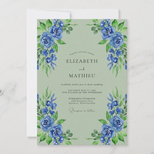 Blauw Bloeiende Botanische Bruiloft Kaart (Voorkant)