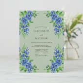 Blauw Bloeiende Botanische Bruiloft Kaart (Staand voorkant)
