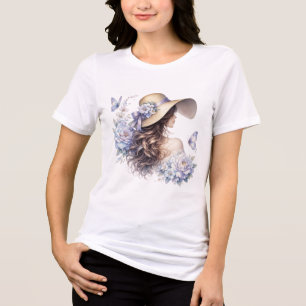 Blauw Bloeiende Dame Bloemige Vintage T-Shirt