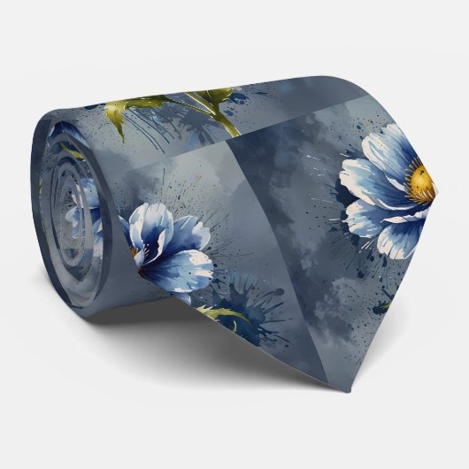 Blauw bloem aquarel patroon stropdas (Opgerold)