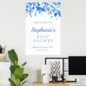 Blauw bloem baby shower bord, Welkom doopfeest Poster (Thuiskantoor)