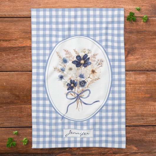 Blauw Bloem Boeket Gingham Persoonlijk Theedoek