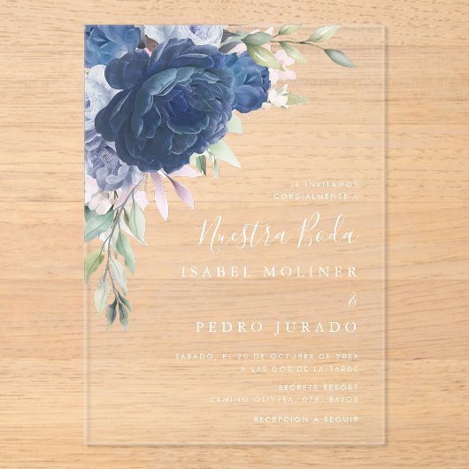 Blauw Bloem Boeket Nuestra Boda Spaans Bruiloft Acryl Uitnodigingen (Voorkant)