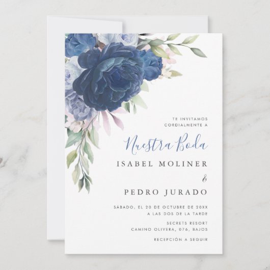 Blauw Bloem Boeket Nuestra Boda Spaans Bruiloft Kaart (Voorkant)