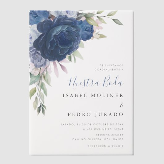 Blauw Bloem Boeket Nuestra Boda Spaans Bruiloft Vellum Uitnodigingen (Voorkant)