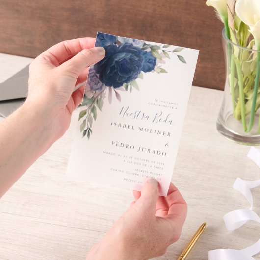 Blauw Bloem Boeket Nuestra Boda Spaans Bruiloft Vellum Uitnodigingen (Draagbaar)