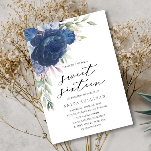 Blauw Bloem Boeket Zoet Zestien 16 Verjaardag Kaart