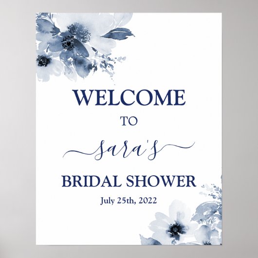 Blauw bloem bruidsbruiloft welkomstbord poster (Voorkant)