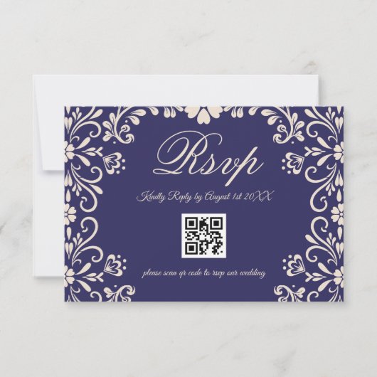 Blauw bloem bruiloft QR RSVP Kaartje (Voorkant)