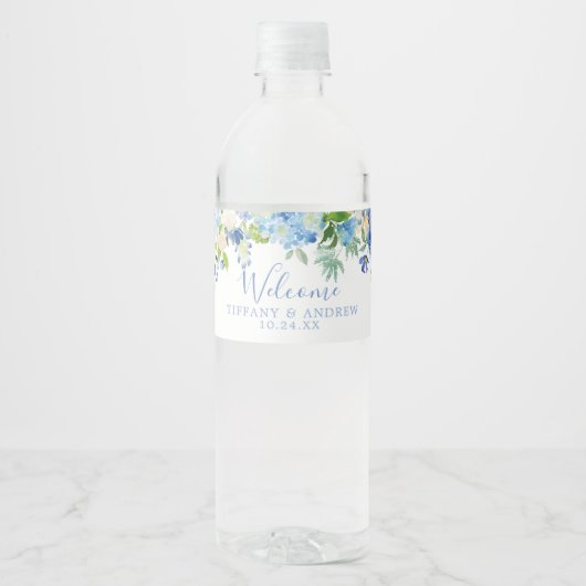 Blauw Bloem Bruiloft Welkom Waterfles Label Waterfles Etiket (Voorkant)